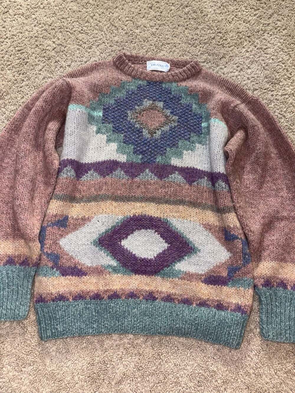 Vintage Deans of Scotland Hand Frame Knitted Shetland Wool Geometric Pattern Swe